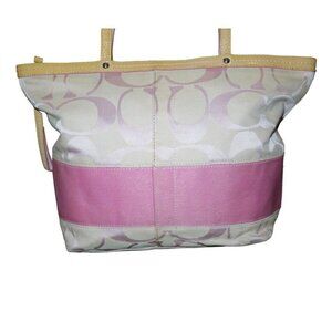 Coach Signature C Cream & Pink Stripe Canvas & Leather Tote Bag
